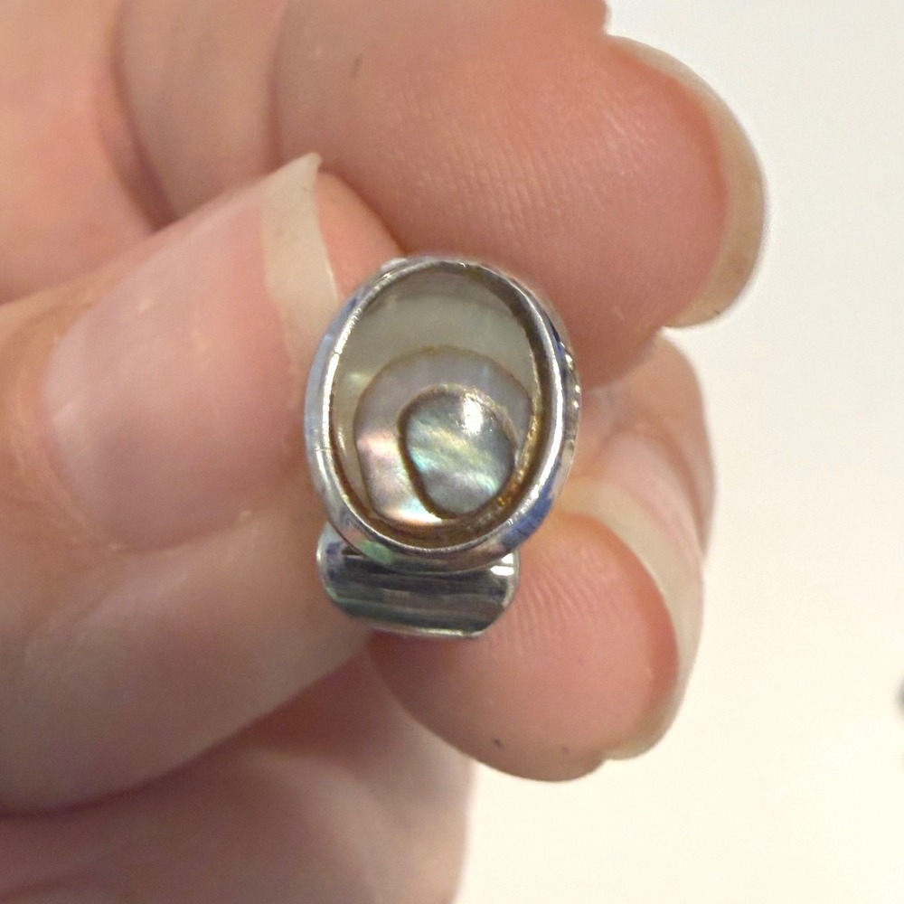Vintage Celebrity Abalone Shell Clip On Earrings Silver Tone Mother of Pearl